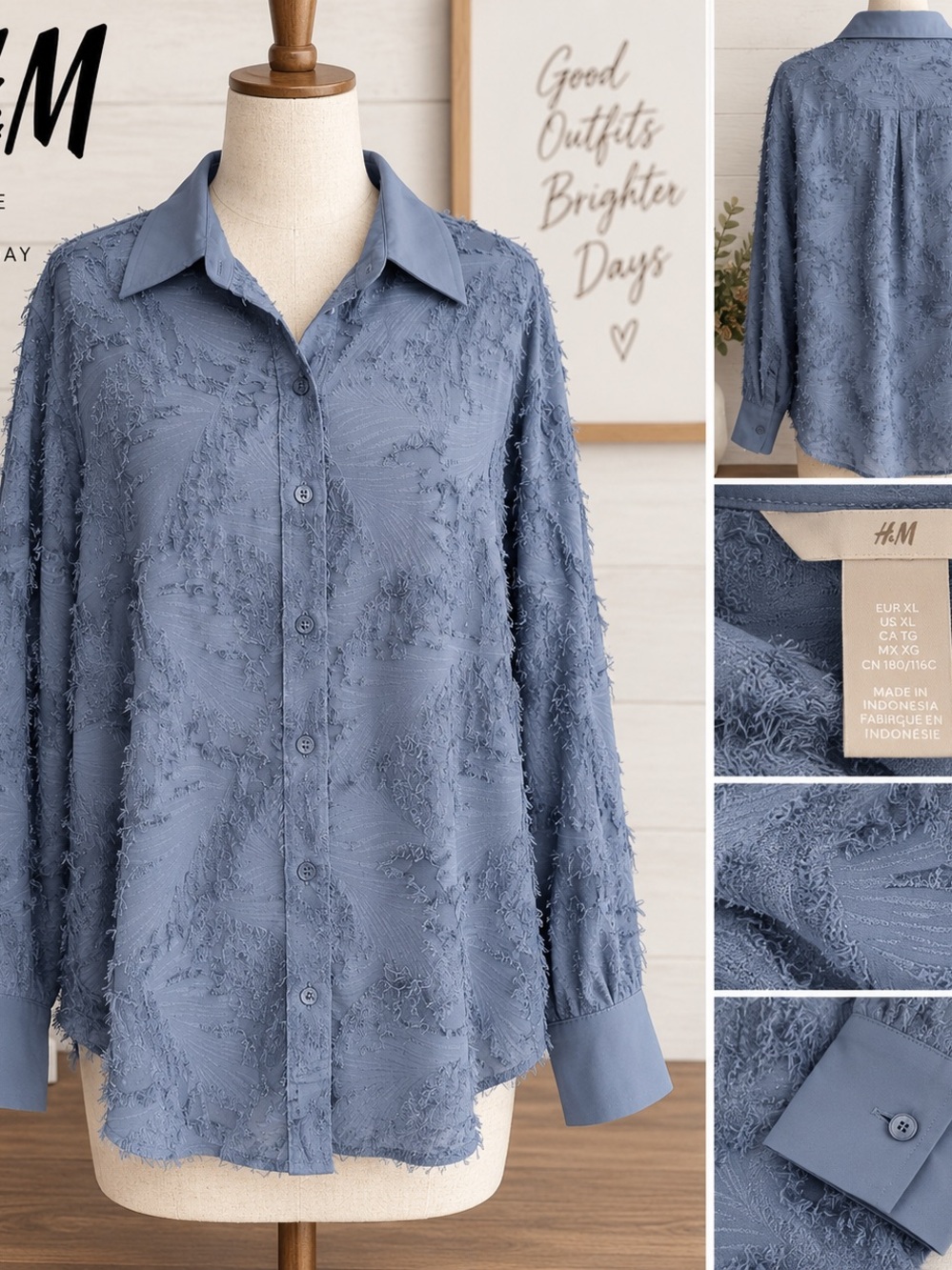 H&M Dusty Blue Textured Button-Front Blouse – XL